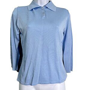 Womens Y2K Light Blue Ribbed Knit Polo Shirt 3/4 Sleeve Sz M Preppy Work Tennis